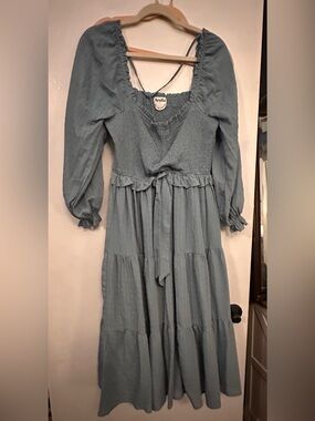 ARULA Dusty Blue Tiered Smocked Midi Dress